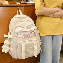 Waterproof Nylon Mesh Women Backpack Female Solid Colour Badge Travel Bag College Girl Multipocket Schoolbag Book Bags 240304