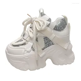 Casual Shoes 2024 Spring Chunky Sneakers Women Bling Platform Sports Woman Goth Thick Bottom High Heels Female 10CM Leather