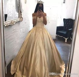 2019 Gold Quinceanera Dress Princess Arabic Dubai Styles Off Shoulder Sweet 16 Ages Long Girls Prom Party Pageant Gown Plus Size C1759907