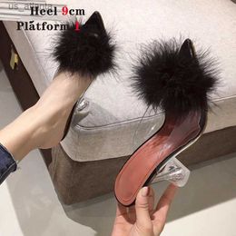 Dress Shoes Dress Shoes Slippers Voesnees Sandals Summer Woman Pumps PVC Transparent Feather Perspex Crystal High Heels Fur Peep Toe Mules Ladies GOF7 H240321