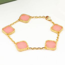 Five Flower Charm Bracelet Gold Plated Double Colorful Clover Elegant Bracelets Modern Fashion Jewelry for Women Girls Gift Classic Party Anniversary Pink Bangle