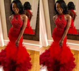 2020 New Style Red Mermaid Prom Dresses Lace Applique Beaded Sweep Train Ruffles Tiered Tulle Party Gowns Formal Evening Dresses6804809
