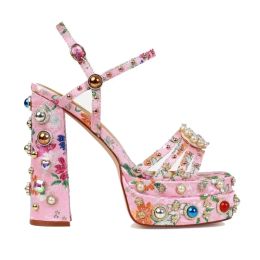 Sandals 2023 Summer Satin Rhinestone Gem Sandals 14.5cm High Heel Open Toe Thick Heel Platform Shiny Women's High Heel Shoes Size3443