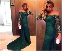 2019 Sexy New Emerald Green Long Sleeves Lace Mermaid Evening Dresses Illusion Mesh Top Sweep Long Prom Evening Gowns Cheap7849891