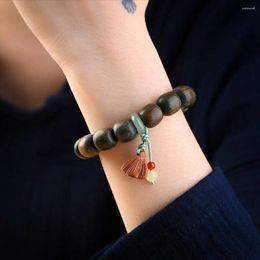 Strand Chinese Style Jewelry Lotus Pendant Antique Bracelet Jade Bracelets Green Sandalwood Female Hand Chain Bead