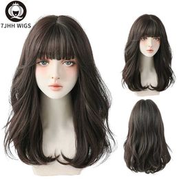 Synthetic Wigs 7JHH WIGS Loose Long Wavy Black Brown Wig for Women Fashion Synthetic Curly Hair Wigs with Fluffy Bangs Beginner Friendly 240329