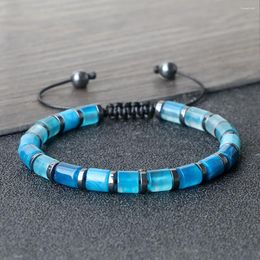 Strand Blue Cylinder-Shaped Braided Bracelet Round Black Gallstone Spacer Agate Bangle Chain Women Men Natural Pulsera Jewelry Gift
