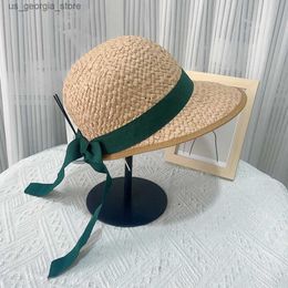 Wide Brim Hats Bucket Hats French New Summer Parental Childrens Paper Sun Hat Womens Green Ribbon Girl Outdoor Beach Travel Sun Hat Womens Hat Y240319