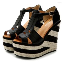 Sandals European American Summer Style Super High-heeled Wedge- Rope Thick-soled Ankle Strap Women's Fashion Women13.5CM