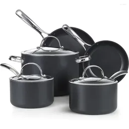 Cookware Sets Pots For Kitchen Tools Lids 8-Piece Nonstick Hard Anodized Set Frying Pans Black Stockpot Cooking Tool Accessories