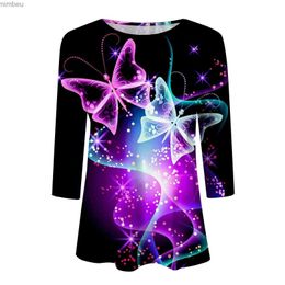 Women's T-Shirt Women ValentineS Day T Shirt O-Neck Three Quarter Sleeve Personality Colourful Butterfly Printed Long Sleeve T Shirt 2024 TeesC24319