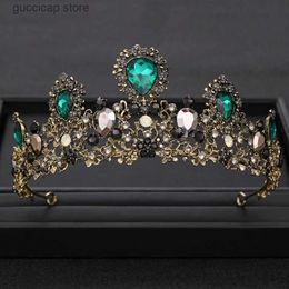 Tiaras Vintage Wedding Crown Hair Accessories Green Rhinestone Crystal Crown Headband Queen Headdress Bridal Crown Hair Accessories Y240319