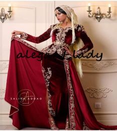 Karakou Moderne Burgundy Velvet Prom Formal Dresses with Overskirt Gold Lace Applique Long Sleeve Arabic Evening Wear Gowns8539766