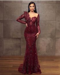 Luxurious Arabic Aso Ebi Dark Red Evening Dresses Beadings Sheer Long Sleeve Illusion Tulle Satin Long Party Occasion Gowns Formal Vestidos prom BC9849