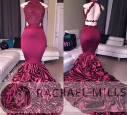 Burgundy Mermaid Long Prom Dresses 2019 African Lace Applique Open Back Sequins Ruffled Sweep Train Arabic Evening Party Gowns11229701539