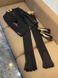 2024 Autumn Black Sheer Tulle Two Piece Pants Sets Long Sleeve Lapel Neck Panelled Blazer Blazers Top With Flare Trousers Set 2 Pieces Trousers Suits O3N022721