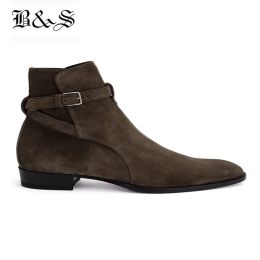 Shoes Black Street Pointed Toe Wyatt Harry MID Strap Gentle Elegant Men Boots Suede Leather Dress Banquet Chelsea Boots