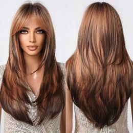 Synthetic Wigs Cosplay Wigs Brown to Light Ash Brown Blonde Wigs with Bangs Layered Synthetic Wigs for Women Long Natural Hair Cospay Party 240329