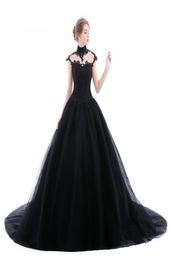 2019 Ball Gown Black Gothic Wedding Dresses High Neck Lace Tulle Corset LaceUp Back Women Non White Bridal Gowns With Color Custo9725251