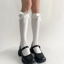 Women Socks Sweet Bowknot Ruffle Trim Over Calf Student Solid Cotton Stockings Drop