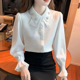 Women's Blouses Solid Colour Polo Collar Spring Autumn Fashion Commute Ruched Long Sleeve Beading Button Cardigan Chiffon Shirts Tops