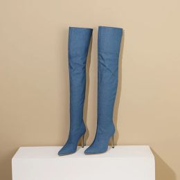 Boots Plus Size Denim Material Back Zipper Women's Over Knee Boots Pointed Super High Heel PU Lining Sexy Fashion Long Boots