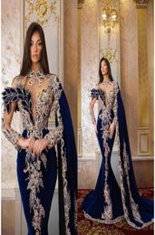 Royal Blue Velvet Mermaid Prom Dress Long Puffy Sleeves VNeck Evening Dress 2023 Pleats Beading Evening Gowns2991152