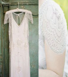 2019 Great Gatsby Luxury Crystal Ggarden Wedding Dresses Modest Cap Sleeve full Beaded Country Bohemian Bridal Dress jenny packham8710518