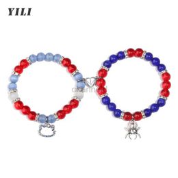 Bangle 2 pcs/set spider kitten charms bracelets heart matching bracelets for couples crystal bracelet with beads Halloween Jewellery 240319