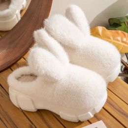 Slippers 8 cm Thick heel rabbit slippers womans warm winter home shoes ladies pink bunny fuzzy slippers girls fluffy ears indoor slipper