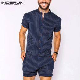 Pants INCERUN Striped Men Rompers Breathable Stand Collar Short Sleeve Joggers Playsuits Streetwear Fashion Men Jumpsuits Shorts S5XL