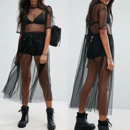 Casual Dresses Women's Sexy Black Solid Color Sheer See-through Mesh Short Sleeve Cover Ups Midi Dress Tulle Lace Long Sundress