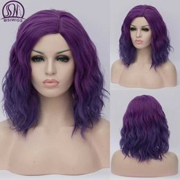 Synthetic Wigs Cosplay Wigs MSIWIGS Woman Purple Cosplay Wig Short Wavy Synthetic Heat Resistant Hair Pink Blonde Ombre Cos Wig 240329