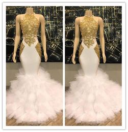 Gorgeous Halter Gold and White Prom Dresses Ruffles Tulle Real Pictures Mermaid Formal Cocktail Party Dresses Evening Gowns1824852