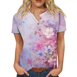 Damen-T-Shirts, 2024, Sommer, bedruckte Bluse, lässig, V-Ausschnitt, Knopftasche, T-Shirt, modisch, schlichtes Blumenmuster, kurzärmelig, Tops