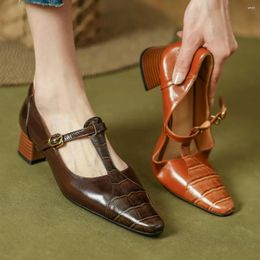 Dress Shoes Women's Genuine Leather T-strap Pumps 4.5cm Thick Med Heel Elegant Ladies OL Style Daily Slim Heeled For Woman Sale