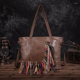 Totes YourSeason 2024 Genuine Leather Vintage Ladies Cowhide Shoulder Tassel Bags Handmade Female Large Capacity Big Handbag