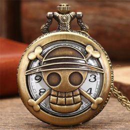 Vintage Hollow Out One Piece Design Pocket Watch Anime Cosplay Bronze Quartz Watches Necklace Chain for Men Women Gift219u