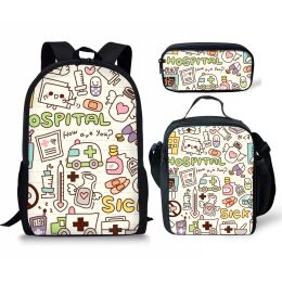 Bags 3Pcs Student School Bag Set Cartoon Medical Nurse Printed Boys Girls Kids Backpack Lunch Bag Pencil Bag Teenager Casual Backpack