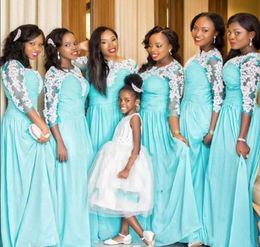 Turquoise Long Bridesmaid Dresses Jewel 34 Long Lace Sleeves Evening Dresses ALine Back Zipper Custom Made FloorLength Bridesma7800863