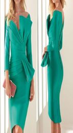 Turquoise Short Sheath Satin Cocktail Party Dresses With 34 Long Sleeve Pleats Bow Knee Length Prom Dress 2021 Special Occasion G7765445