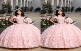 2022 Modest Light Pink Quinceanera Dresses With 3D Flowers Floral Applique Beaded Off The Shoulder Sweet 16 Dress Ball Gown Puffy9273191