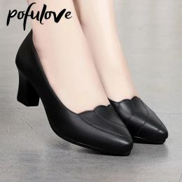 Pumps Pofulove Women Mid Square Heel Shoes Pumps Black PU Office Lady Spring Non Slip Fashion Mother Oxford Shoe Zapatos Mujer