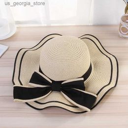 Wide Brim Hats Bucket Hats New Summer Womens Rowing Beach Hat Wide Edge Womens Casual Panama Hat Womens Classic Flat Bow Str Sun Hat Womens Fedora Gift Y240319