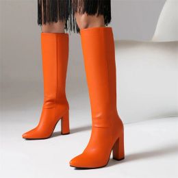 Boots Women's Knee High Boots Pointed Toe Block Heel Party Winter Shoes Ladies Footwear Big Size Black White Orange Pink Long Boot