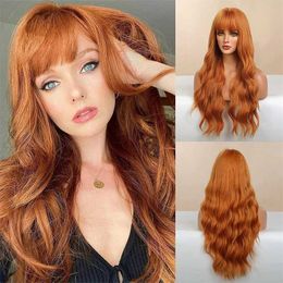 Synthetic Wigs Cosplay Wigs Big wave wig female orange air bangs long curly hair facial synthesis high temperature silk wig head cover 240328 240327