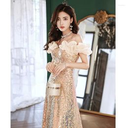 Ethnic Clothing Champagne Gold A-Line Cheongsam Bling Sequins Qipao Off Shoulder Elegant Formal Party Dress Gown Bandage Vestidos De Festa