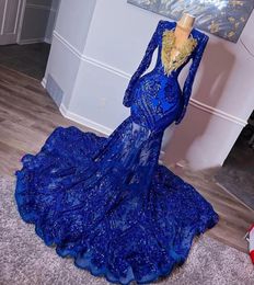 Sparkly Royal Blue Sequined Mermaid Prom Dresses 2022 Illusion Long Sleeves Plus Size Formal Evening Gowns Females Cocktail De Rob4523375