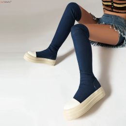 Boots Stretch Sock Boots Women Over the Knee Wide Calf Boots Breathable Denim Slip on Blue 2023 Spring Autumn Wedges Shoes