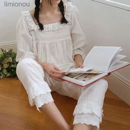 Women's Sleepwear Womens Lolita Pajama Sets Square Neckline Tops+Long Pants Vintage Ladies Pyjamas Set.Victorian Sleepwear LoungewearC24319